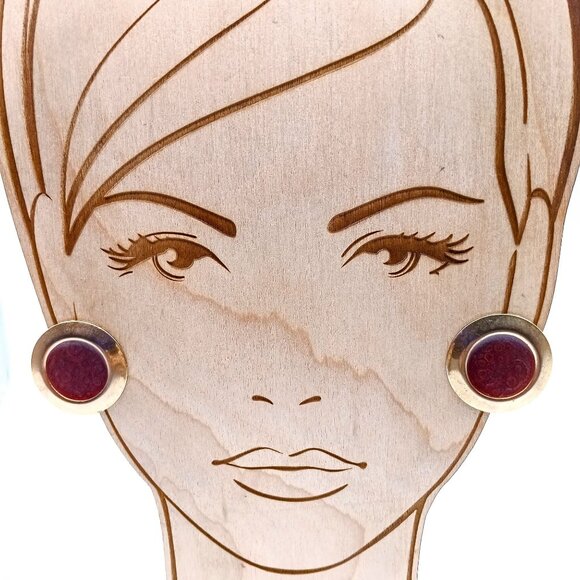 Chic Enamel Stud Earrings, Vintage Burgundy Circles on Gold Tone - Picture 1 of 4